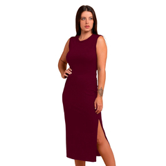 Vestido Gola U Midi Canelado Modelador Com Fenda Lateral Vinho