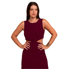 Vestido Com Nó Midi Canelado Com Fendas Laterais e Abertura nas Costas Vinho - comprar online