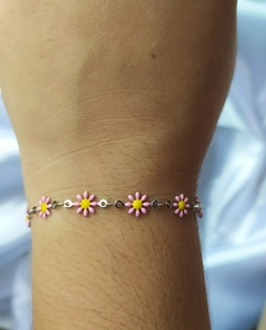 Pulseira Aço Margaridas Rosa Resinada - comprar online