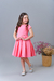 Vestido infantil casual na cor rosa com manga curta, babado franzido no decote com bordado manual e saia com pregas