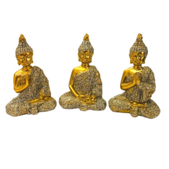 ESTÁTUA DE RESINA TRIO DE BUDAS DOURADO COM BRILHO 6CM