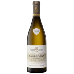 Garrafa de vinho Albert Bichot Bourgogne Chardonnay 750ml com rótulo elegante e detalhe em relevo.