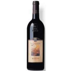 Garrafa de vinho Banfi Rosso di Montalcino 750ml com rótulo ilustrativo.