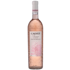 Garrafa de vinho rosé Calvet Côtes De Provence 750ml, com rótulo decorativo em tons de rosa.