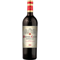 Garrafa de vinho tinto Calvet Prestige Bordeaux 750ml, com rótulo elegante e detalhes em dourado.