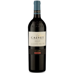 Garrafa de vinho Calvet Varietals Merlot 750ml com rótulo em destaque.