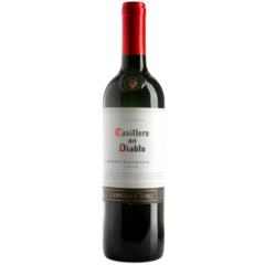 Garrafa de vinho Casillero del Diablo Cabernet Sauvignon 750ml, com rótulo predominante em branco e vermelho.