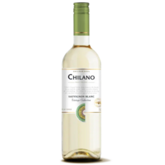 Garrafa de vinho Chilano Sauvignon Blanc 750ml, com rótulo branco e detalhes em verde.