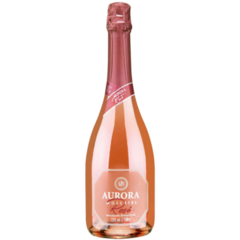 Garrafa de espumante Aurora Moscatel Rosé de 750ml com rótulo rosa e detalhes em dourado.