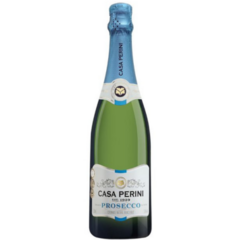 Garrafa de espumante Casa Perini Prosecco 750ml com rótulo elegante e tampa azul.