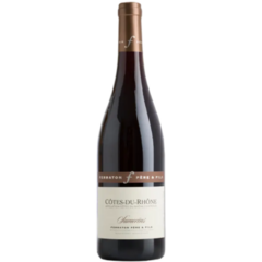 Garrafas de vinho tinto Ferraton Côtes Du Rhône Samorens 750ml com rótulo elegante.