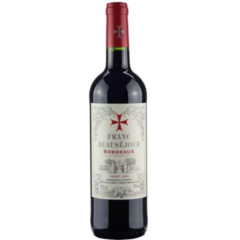 Garrafa de vinho tinto Franc Beausejour Bordeaux 750ml com rótulo decorado e tampa vermelha.