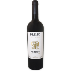 Garrafas de vinho Torrevento Primo Primitivo IGT 750ml com rótulo branco e detalhes dourados.