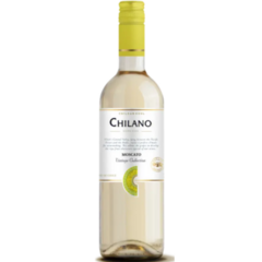 Garrafa de Vinho Chilano Moscato 750ml com rótulo branco e tampa amarela.