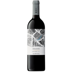 Garrafa de vinho tinto Grafite Douro 2018 com rótulo estilizado em preto e branco.