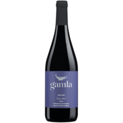 Garrafa de vinho tinto Gamla Pinot Noir Kosher, 750ml, com rótulo azul e detalhes em branco