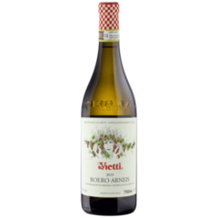 Garrafa de vinho branco seco Vietti Roero Arneis 750ml, com rótulo floral e tampa quadriculada.