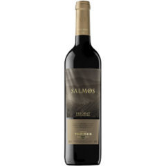 Garrafa de vinho tinto Salmos Priorat 750ml da vinícola Torres, com rótulo elegante em tons de preto e dourado.