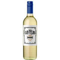 Garrafa de vinho San Telmo Chardonnay 750ml com rótulo em estilo clássico.