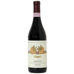 Garrafa de vinho Barolo Vietti com rótulo ilustrado e detalhes em cores suaves.