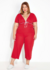 Pijama em helanca de poliéster na cor vermelha, com decote V e amarração decorativa, ideal para tamanhos plus size.