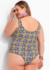 Maiô plus size estampado com margaridas e poá, visto de costas, exibindo cores vibrantes e um design floral elegante.