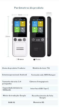 Tradutor de voz inteligente instantânea T16 portátil 137 idiomas - Empório51