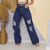 Calça Jeans Feminina Wide Leg Rasgada Lavagem Escura - Cristal Aviamentos - Aviamentos para Jeans