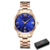 Relógio feminino Curren 9007 com mostrador azul, detalhes em dourado e caixa de apresentação.