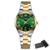 Relógio feminino importado Curren 9095 com mostrador verde, números romanos em dourado e pulseira bicolor de prata e ouro.