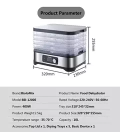 BioloMix Deshidratador de Alimentos BPA Free - 5 Bandejas con Control Digital de Tiempo y Temperatura - comprar online