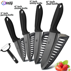 Faca de cozinha de cerâmica com suporte descascador, lâmina preto e branco, faca Chef, frutas utilitário, facas de cozinha, cortador, 3 em, 4 em, 5 em, 6 em