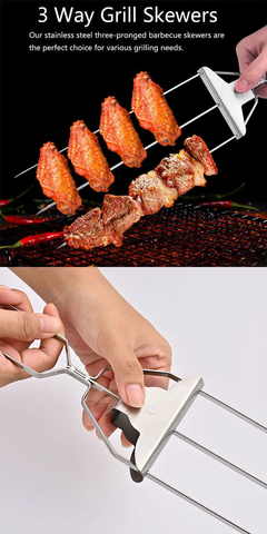 3-Headed aço inoxidável churrasco espetos Set, reutilizáveis assar varas, grelhar garfo para carne, legumes, frutas, 3 Way Espeto - Cozinha Temperada