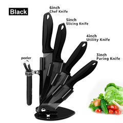 Faca de cozinha de cerâmica com suporte descascador, lâmina preto e branco, faca Chef, frutas utilitário, facas de cozinha, cortador, 3 em, 4 em, 5 em, 6 em - Cozinha Temperada