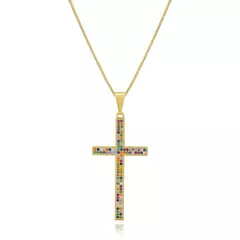 Colar Cruz Cravejado Zircônias Branco Folheado a Ouro 18K