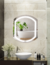 LED mirror Glanz Luminous Capsule 60 x 52 cm in a modern bathroom setting, featuring a round illuminated design above a white vessel sink and a vase of flowers.