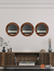 Set of 3 round mirrors in Glanz Oak finish, 43 cm each, displayed on a modern wall above a wooden console.