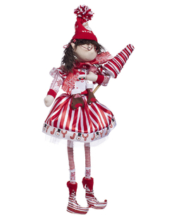 Muñeca Duenda Candy Cane con falda roja y blanca, sosteniendo una paleta en un ambiente festivo, de 70 cm.