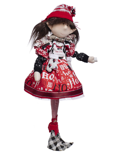 Muñeca Duenda Merry Fashion con falda roja, blanca y negra de 70 cm, vistiendo un sombrero rojo y una blusa con estampado navideño.