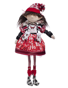 Muñeca duende Merry Fashion con falda roja, blanca y negra, de 70 cm, vestida con un gorro a rayas y guantes decorados.