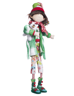 Muñeco de duende decorativo con bata verde, pijama de pantalones y sweater decorados con motivos navideños y un osito de peluche en brazos, de 70 cm.