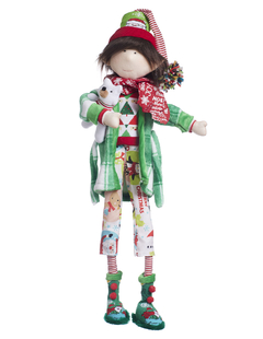 Muñeco de duende decorativo con bata verde, pijama de pantalones y sweater decorados con motivos navideños y un osito de peluche en brazos, de 70 cm.