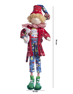 Muñeco duende decorativo navideño con bata roja y azul, sosteniendo con un peluche de muñeco de nieve, 70 cm de altura.