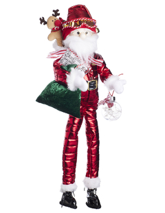 Santa Claus esquiador de 70 cm con trineo, vestido de rojo y adornos navideños, sosteniendo un saco verde y un adorno navideño.