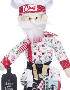 Muñeco de Santa Claus Chef de 70 cm con filipina estampada y delantal, sosteniendo una tabla de cortar.