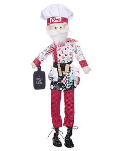 Muñeco de Santa Claus Chef de 70 cm con filipina estampada y delantal, sosteniendo una tabla de cortar.