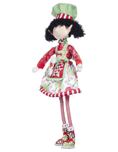 Muñeca Duenda Chef roja y verde "Candy" con atuendo festivo y detalles de dulces, 70 cm de altura.