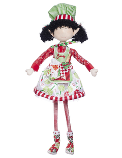 Muñeca duende chef con vestido rojo y verde, decoraciones de dulces y gorro a rayas.