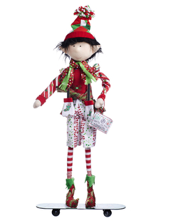 Muñeco de duende decorativo navideño con bermudas, gorro a rayas y patineta, de 70 cm.