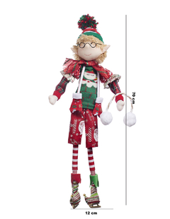 Duende navideño de 70 cm con bermudas y patines de hielo, vestido con colores festivos y detalles en rojo y verde.